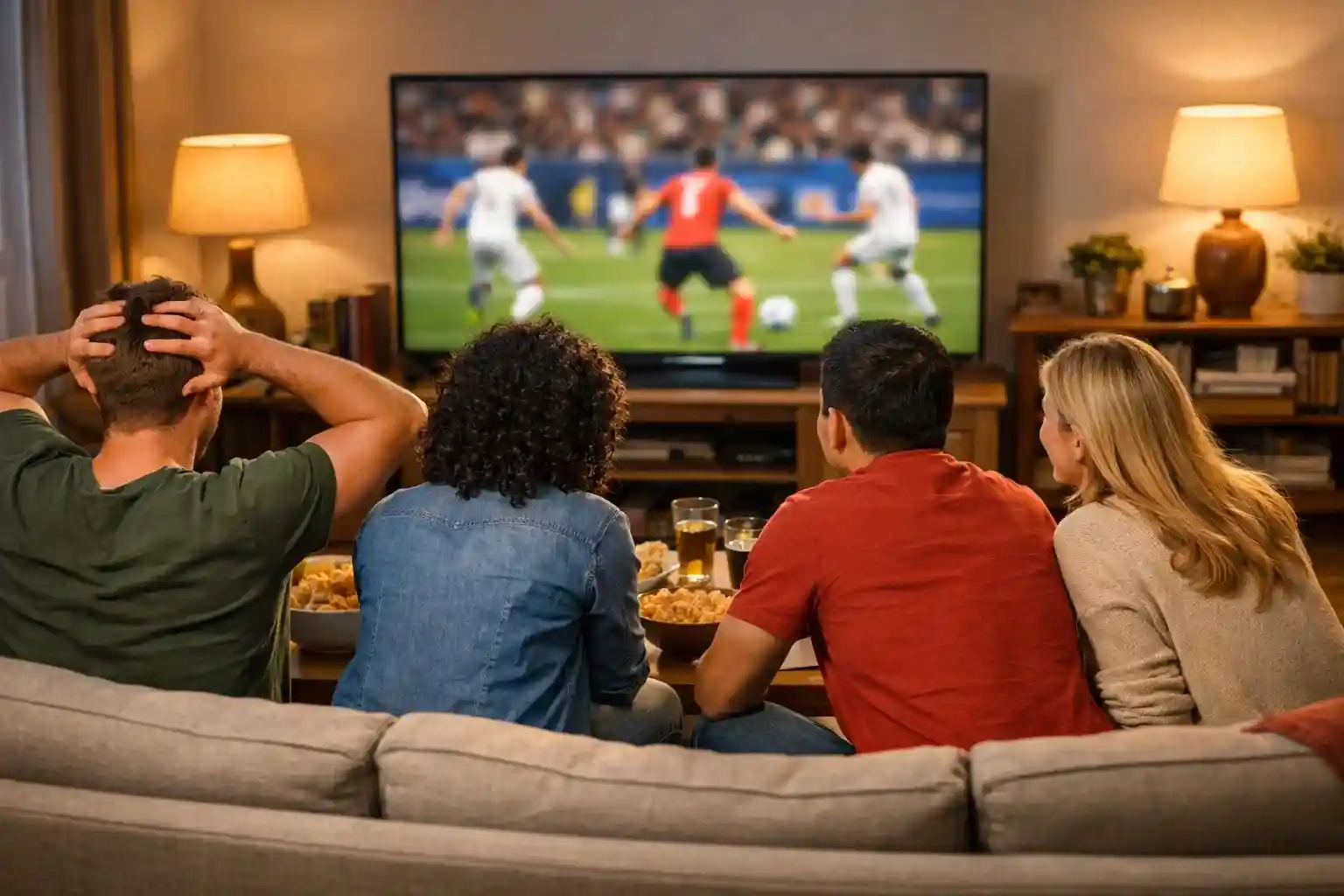 Grupo de aficionados viendo un partido de fútbol del Mundial en televisión