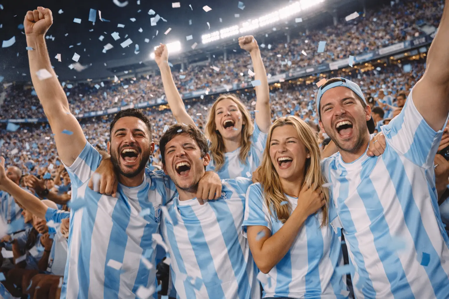 Aficionados argentinos con camisetas albicelestes celebrando en las gradas de un estadio de fútbol