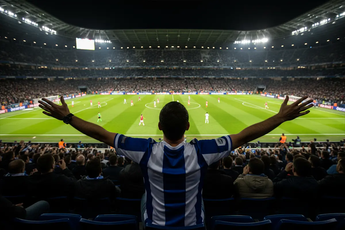 Aficionado viendo un partido de fútbol del Mundial en directo desde el estadio