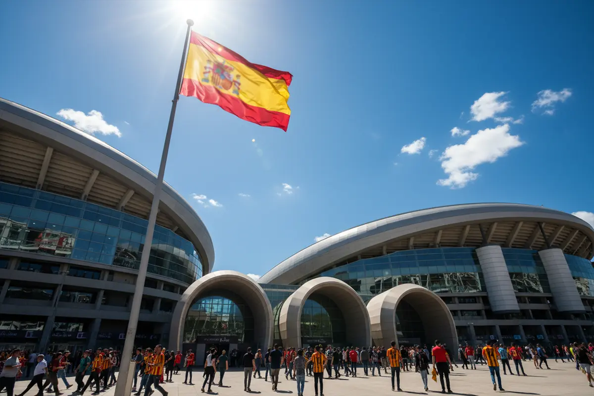 Vista del exterior de un estadio de fútbol en España con bandera española ondeando