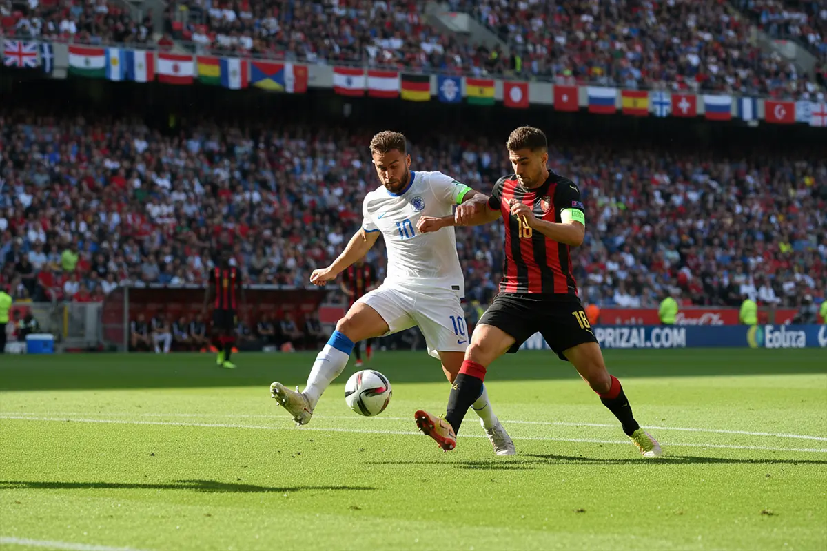 Grupo de jugadores de fútbol disputando un balón durante un partido en fase de grupos