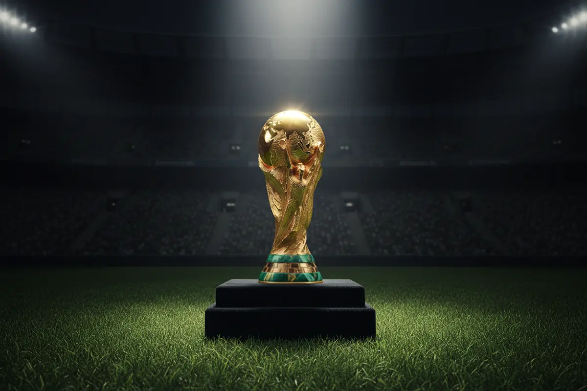 Trofeo de la Copa del Mundo sobre un pedestal iluminado en un campo de fútbol