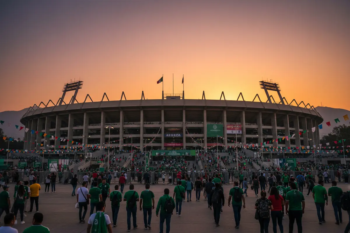 Estadio Azteca de Ciudad de México iluminado antes de un partido de fútbol del Mundial