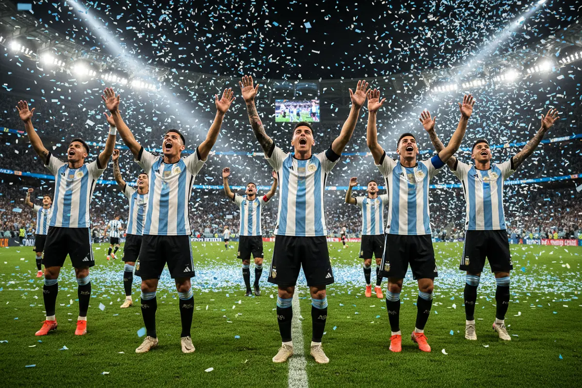 Selección argentina de fútbol alzando los brazos en celebración sobre el campo de juego