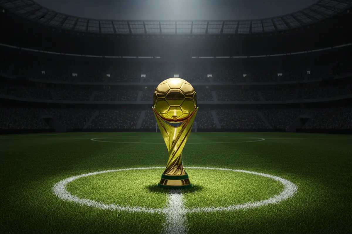 Trofeo dorado de fútbol iluminado sobre un pedestal en un estadio vacío