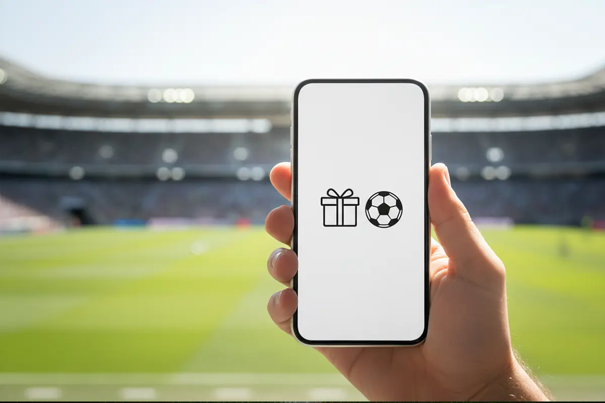 Mano sosteniendo un smartphone mostrando una oferta de apuesta deportiva en un estadio de fútbol