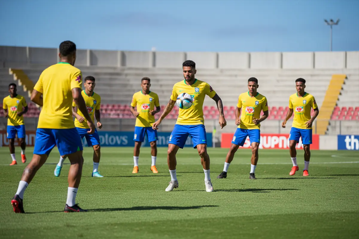 Jugadores de la selección brasileña de fútbol entrenando en un campo de césped verde