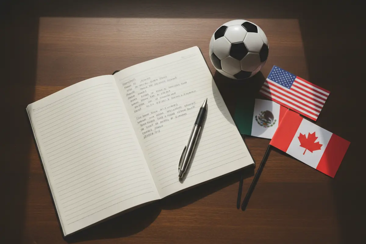 Planificación del calendario del Mundial 2026 con un bloc de notas y bolígrafo sobre césped