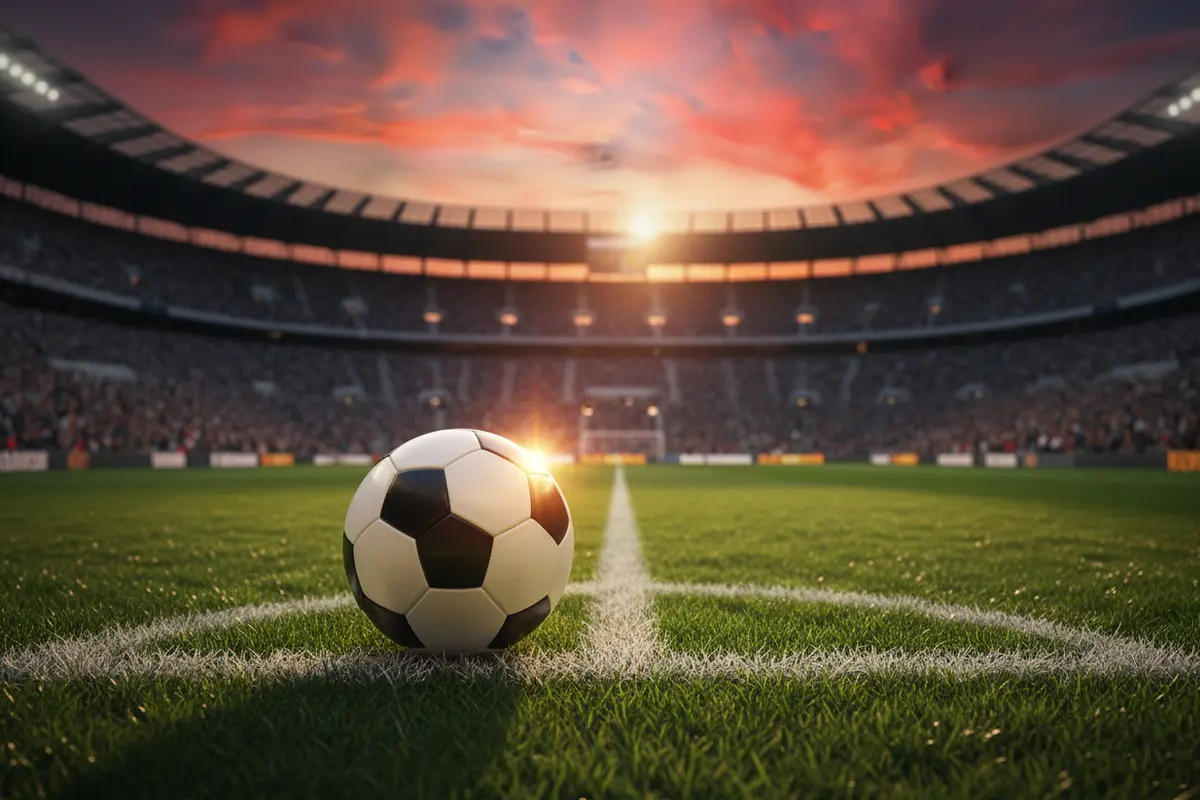 Balón oficial de fútbol sobre el césped de un estadio con las gradas llenas de aficionados