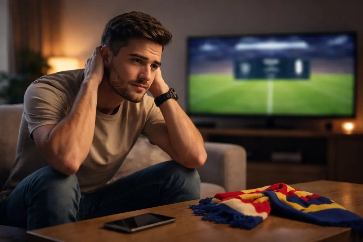 Aficionado al fútbol pensativo con las manos en la cabeza frente a una pantalla de resultados deportivos