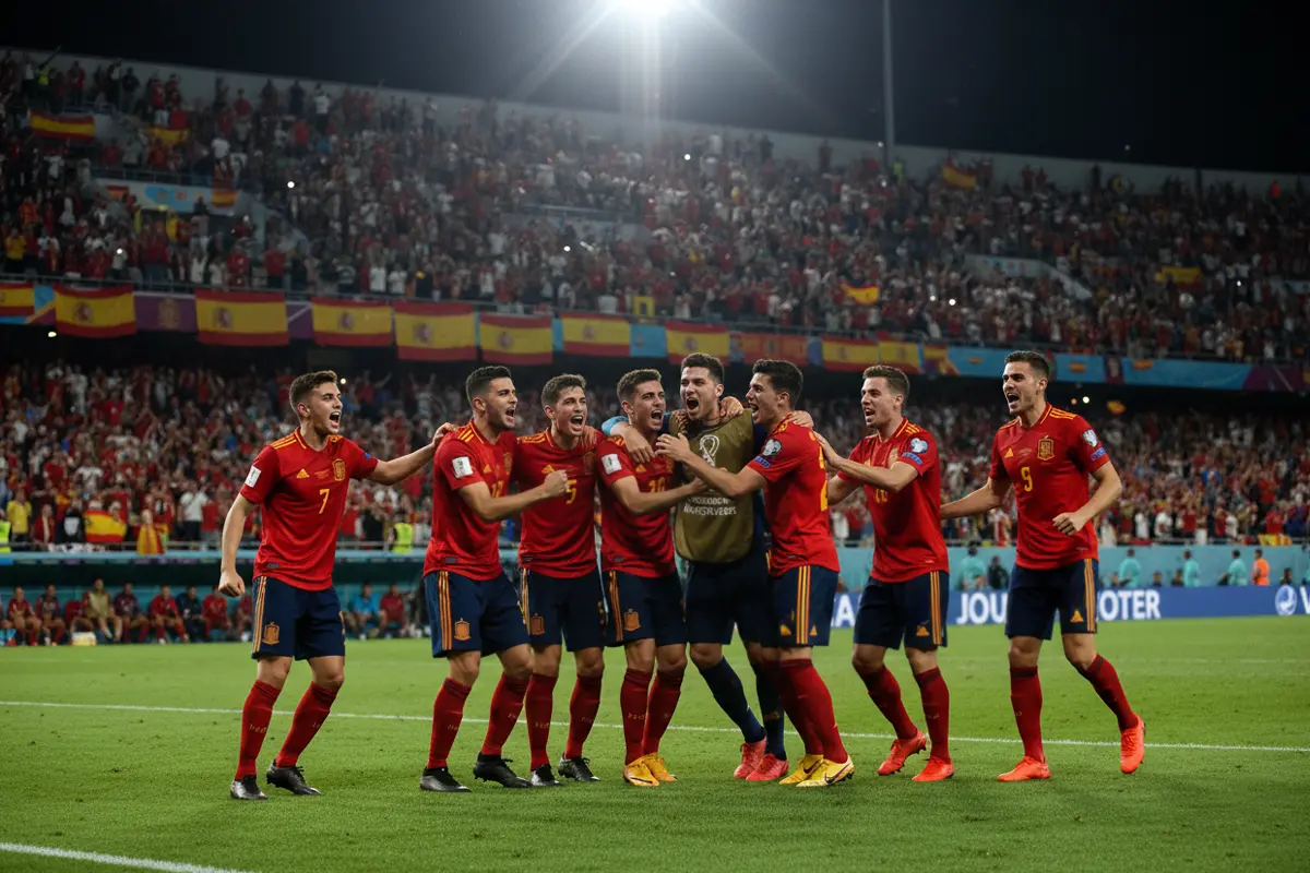 Selección española de fútbol celebrando un gol en un campo de césped natural
