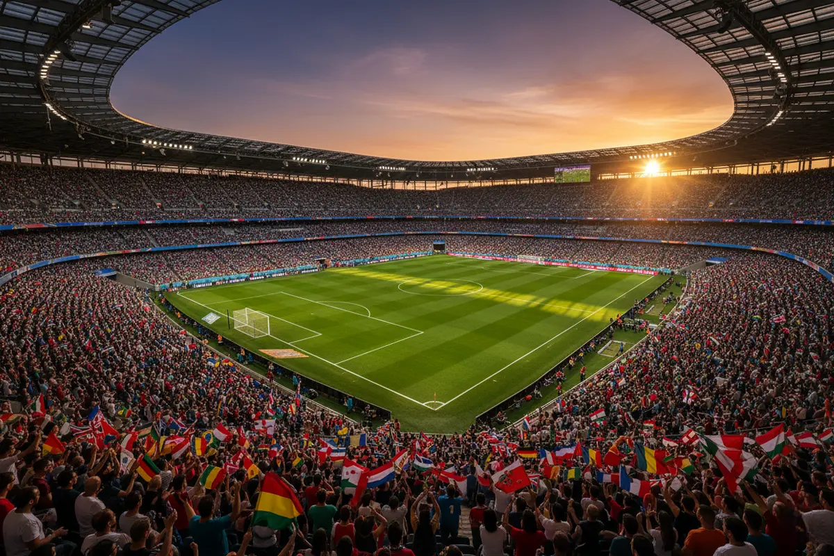 Estadio de fútbol con 48 banderas de selecciones participantes en el Mundial 2026