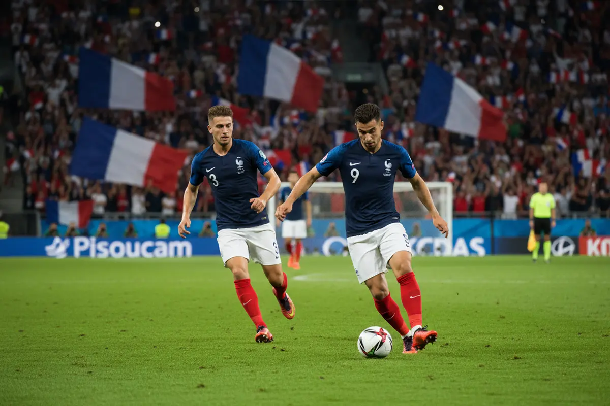 Jugadores de la selección francesa de fútbol en acción sobre césped natural