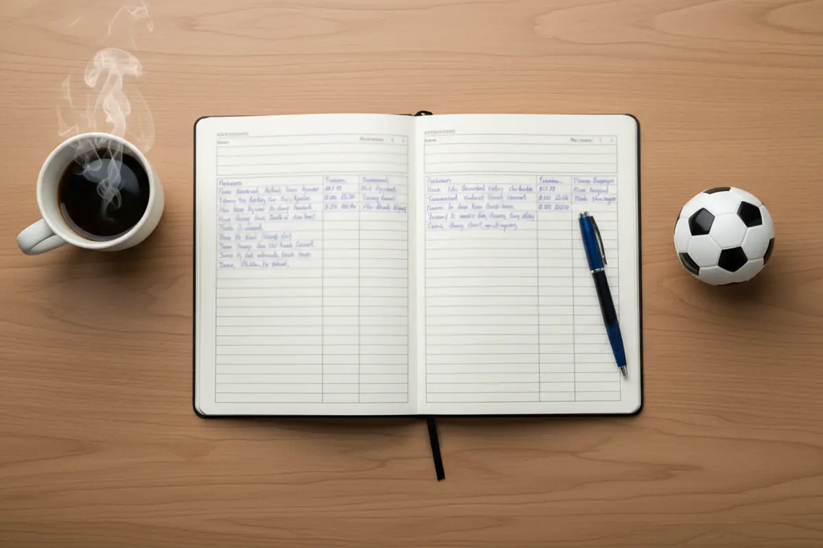 Cuaderno de notas con anotaciones de presupuesto de apuestas junto a un balón de fútbol