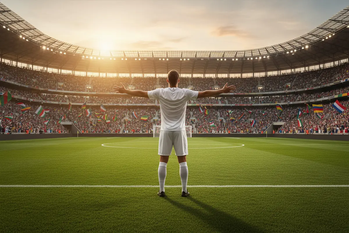 Delantero celebrando un gol en un estadio de fútbol durante el Mundial 2026
