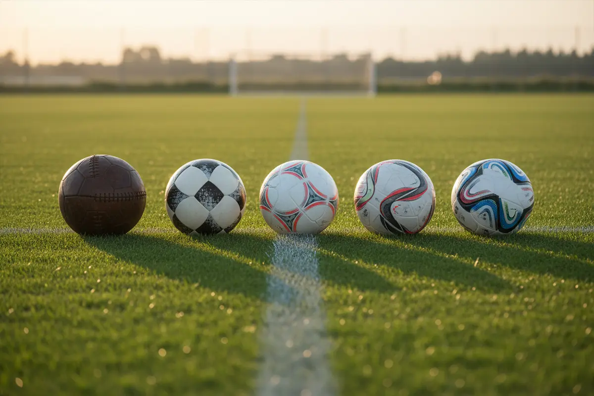 Colección de balones de fútbol de diferentes épocas alineados sobre césped verde