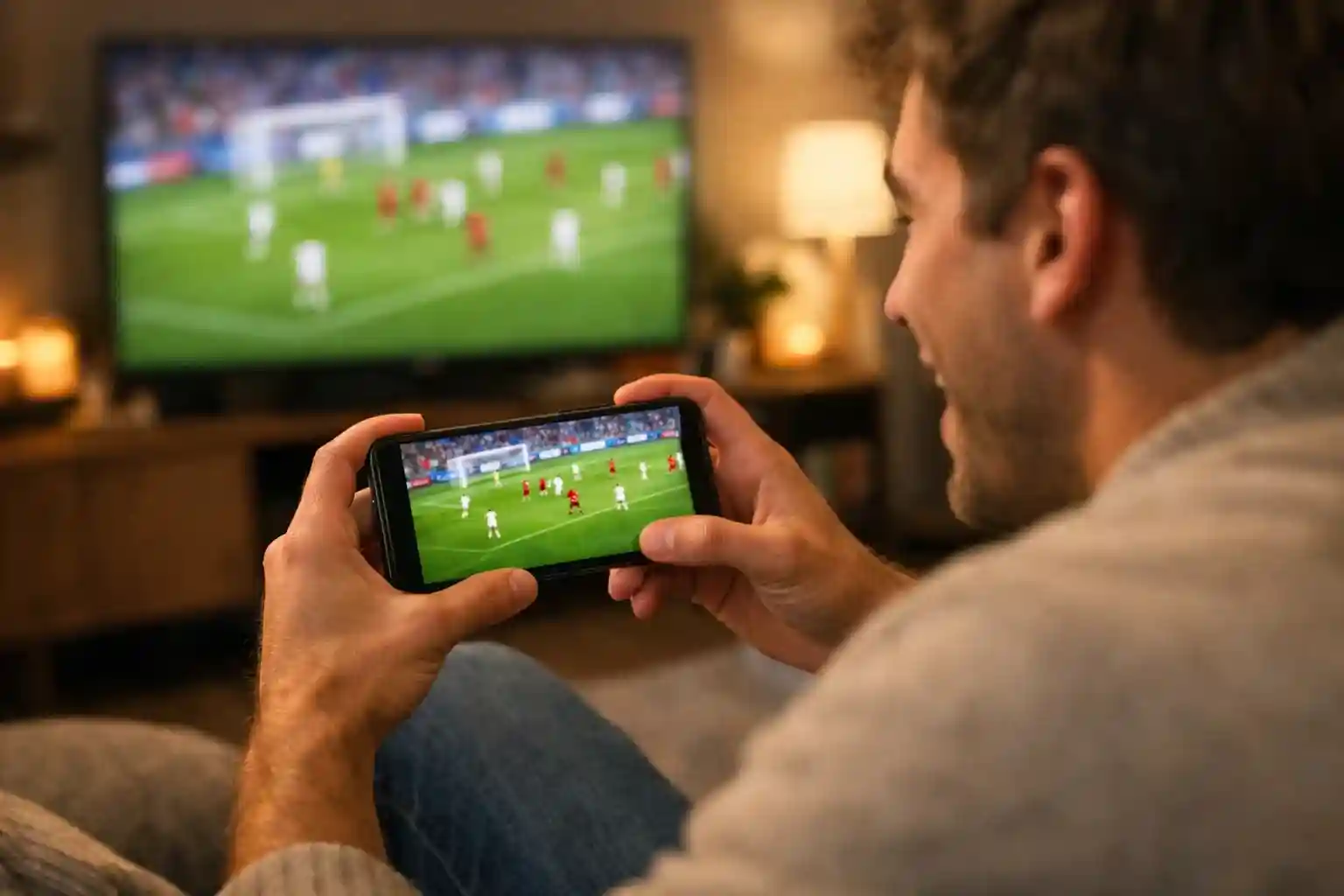 Persona usando smartphone viendo un partido de fútbol en directo