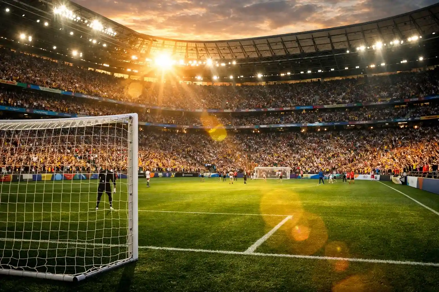Estadio de fútbol lleno de aficionados durante un partido del Mundial