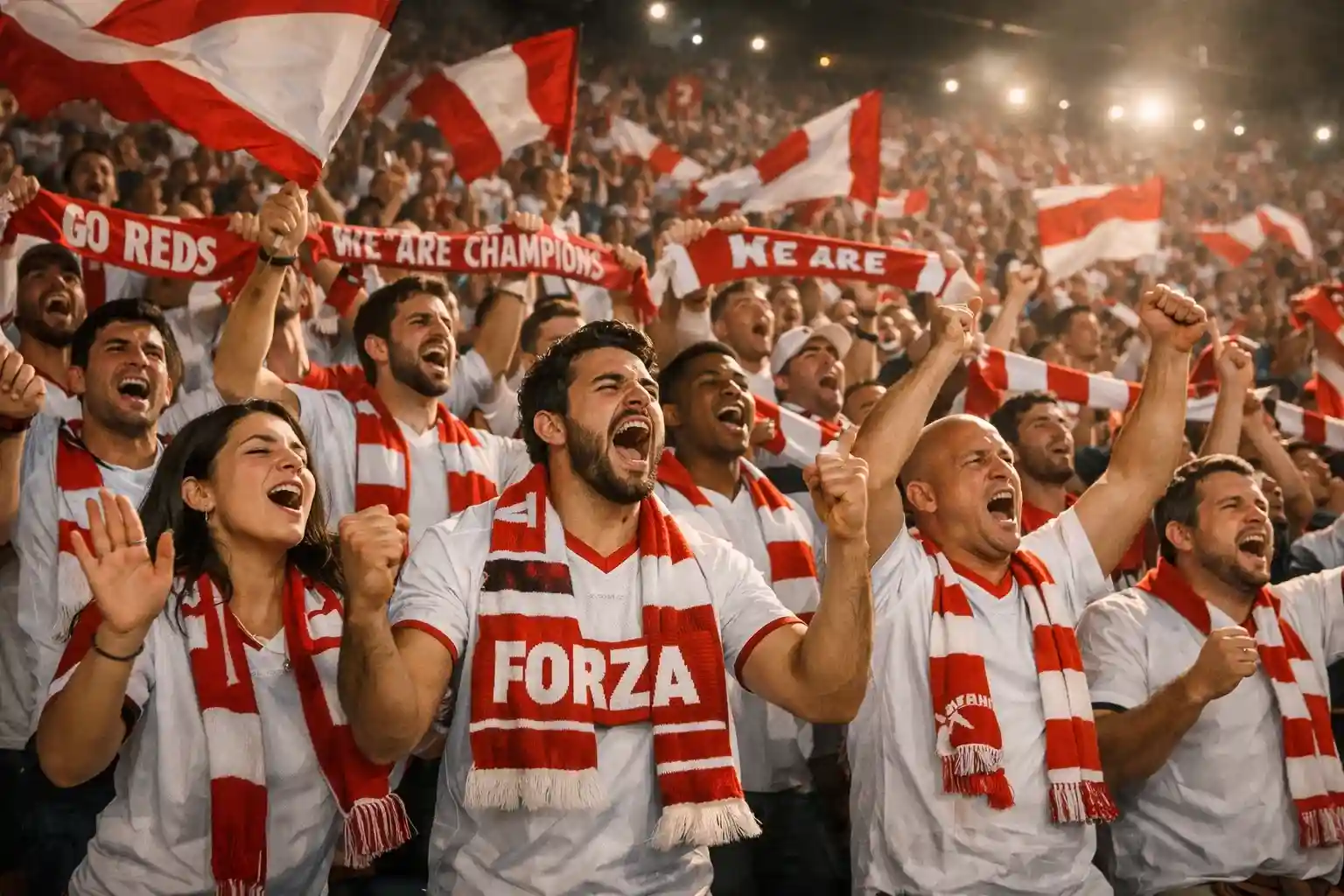 Aficionados ingleses animando en las gradas con banderas