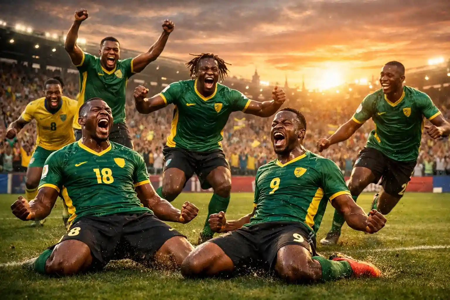 Jugadores de selección africana celebrando victoria sorpresa
