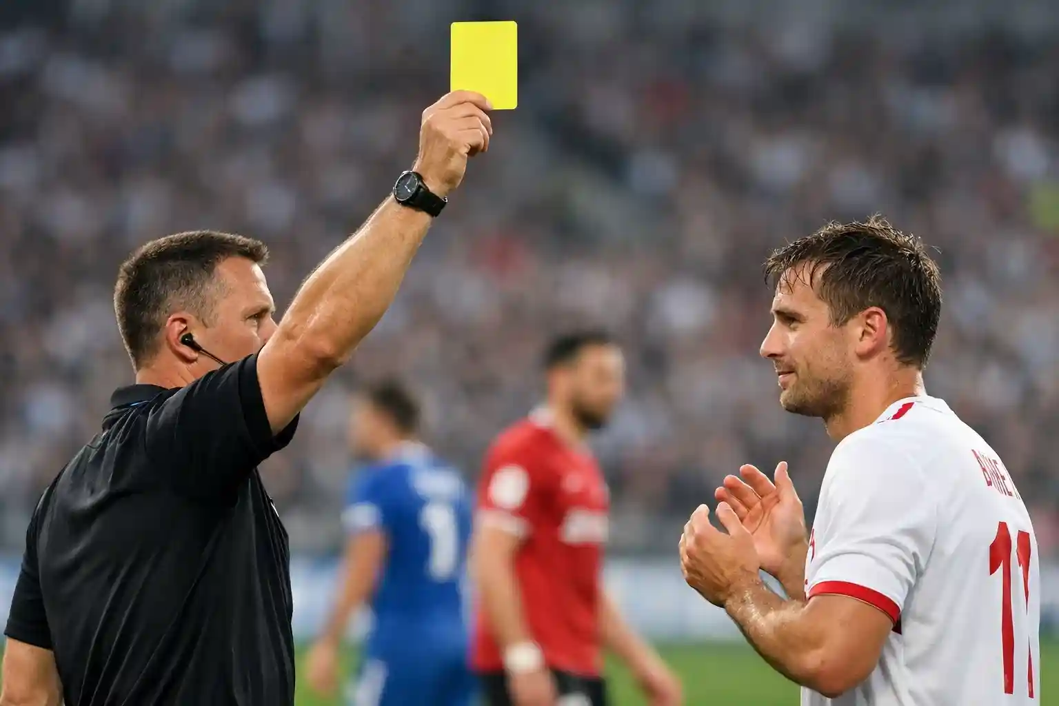 &Aacute;rbitro mostrando tarjeta amarilla a un jugador durante partido