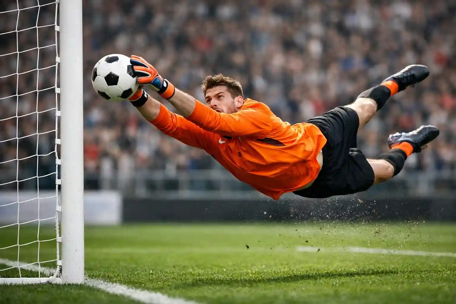 Portero saltando para atrapar el bal&oacute;n durante un disparo a gol