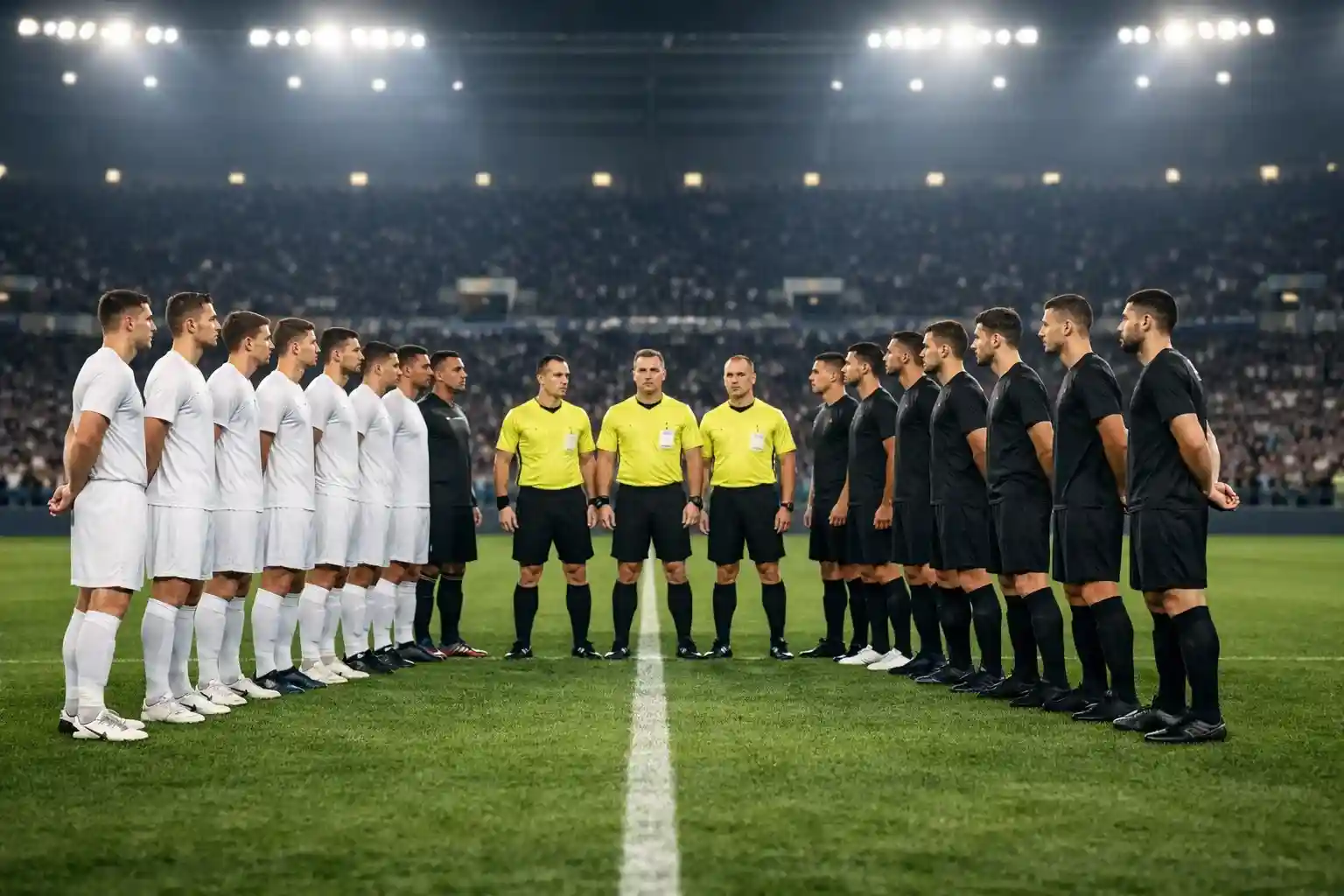 Dos equipos de f&uacute;tbol alineados antes del inicio del partido