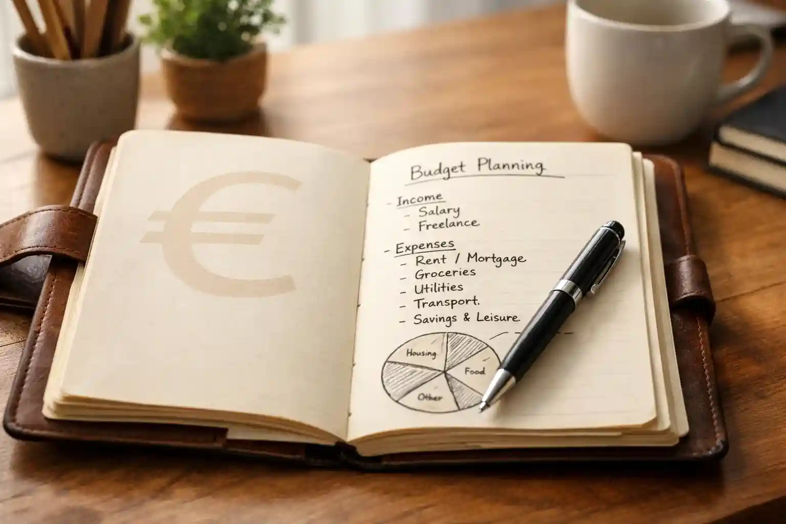 Bloc de notas con planificación de presupuesto y símbolo de euro