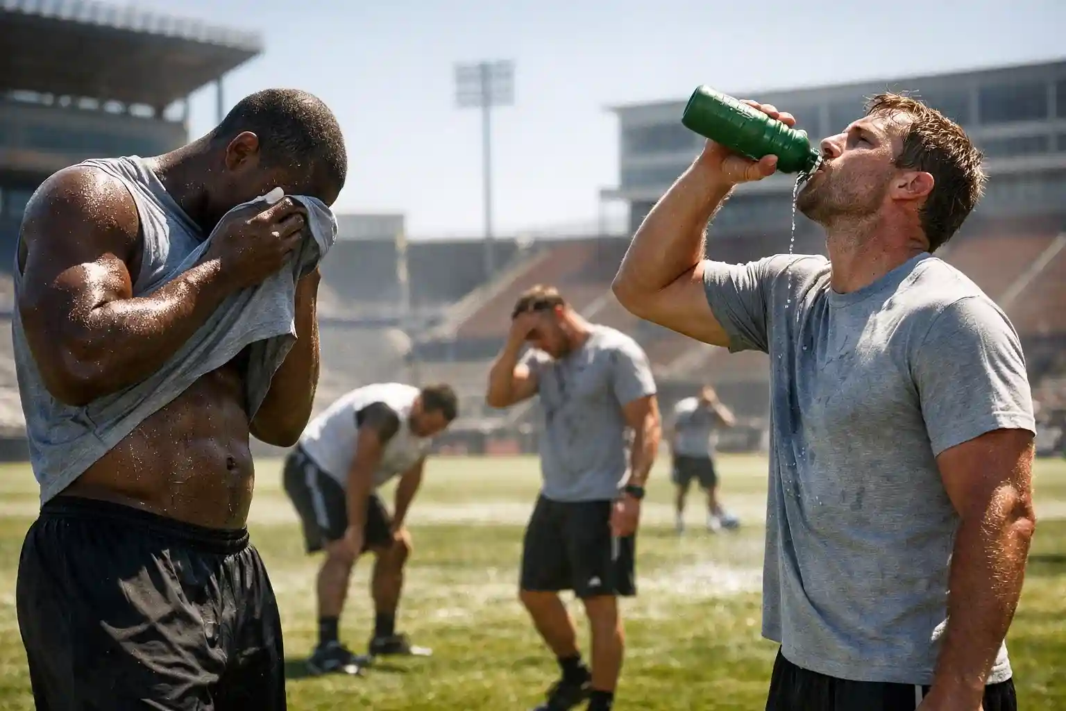 Jugadores de fútbol entrenando bajo el sol intenso en estadio americano
