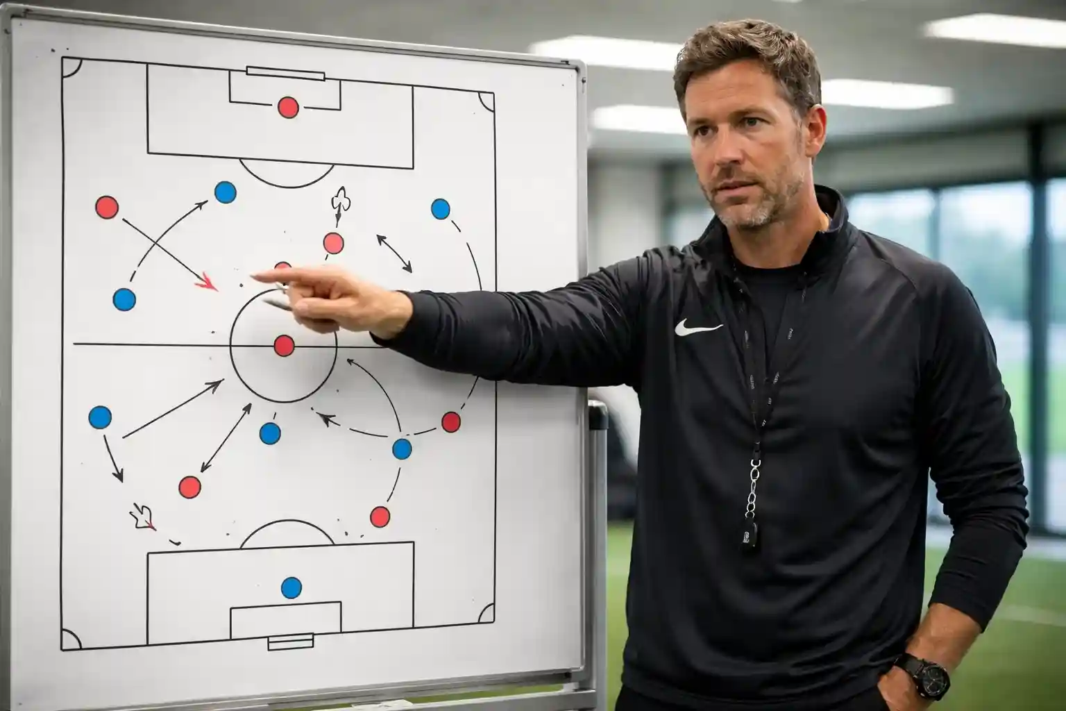 Entrenador de fútbol con pizarra táctica analizando estrategia del equipo