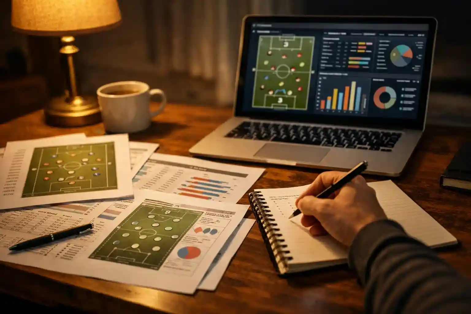 Persona estudiando estadísticas de fútbol con documentos y portátil