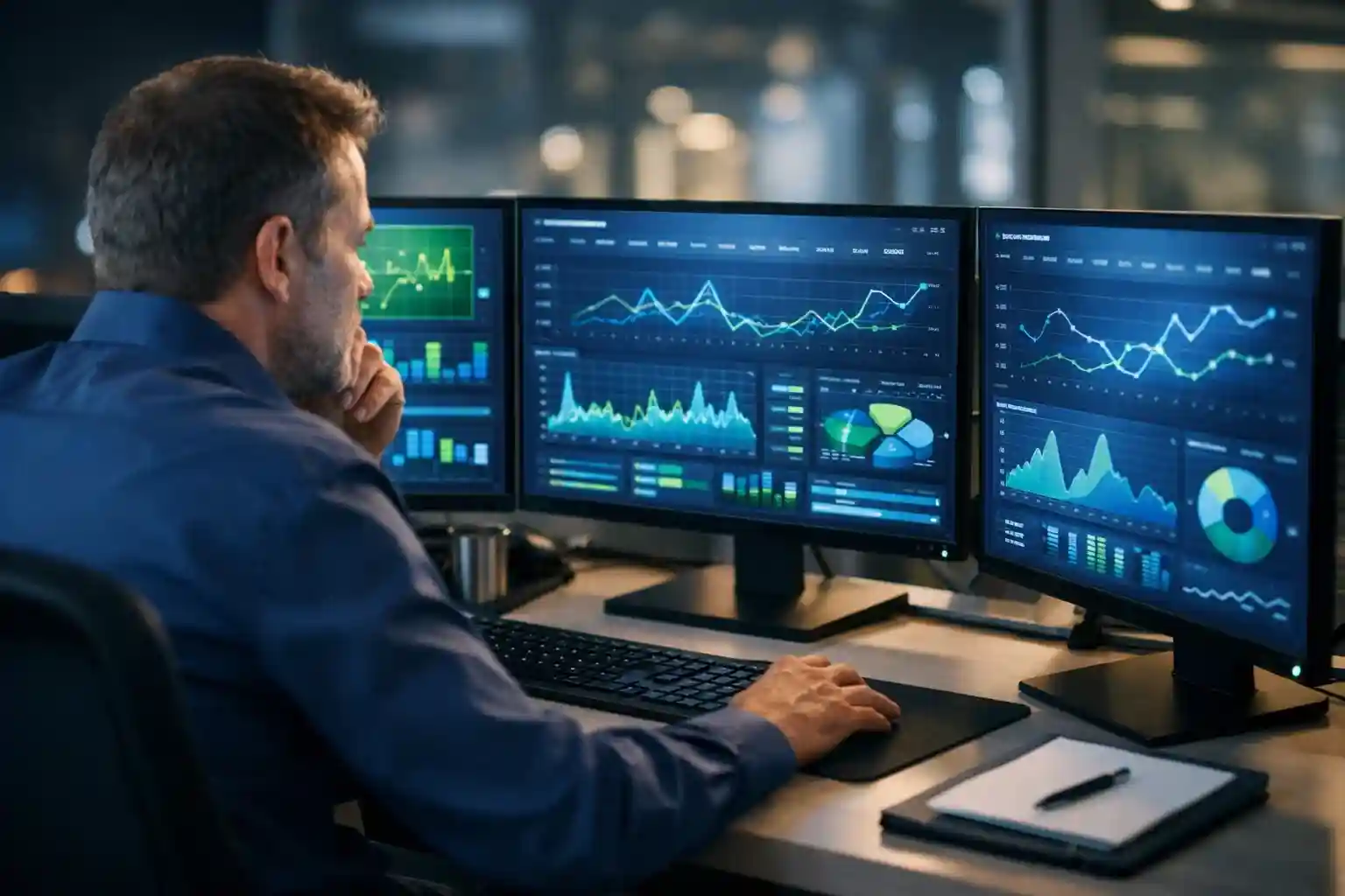 Analista deportivo comparando datos en múltiples pantallas