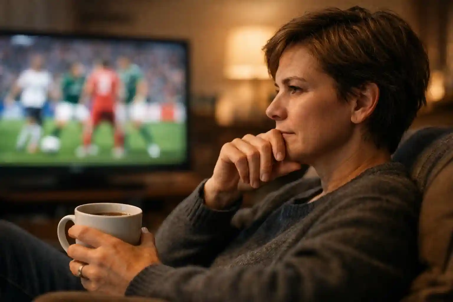 Persona reflexiva viendo partido de fútbol con expresión concentrada