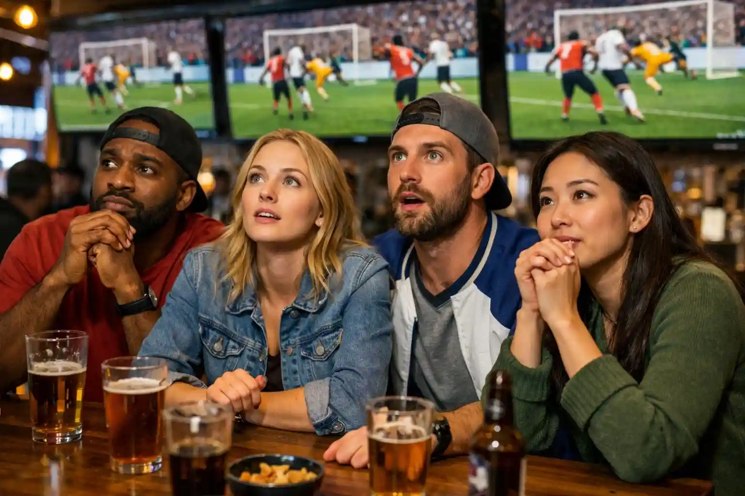 Grupo de amigos viendo partido intenso en televisor de bar deportivo