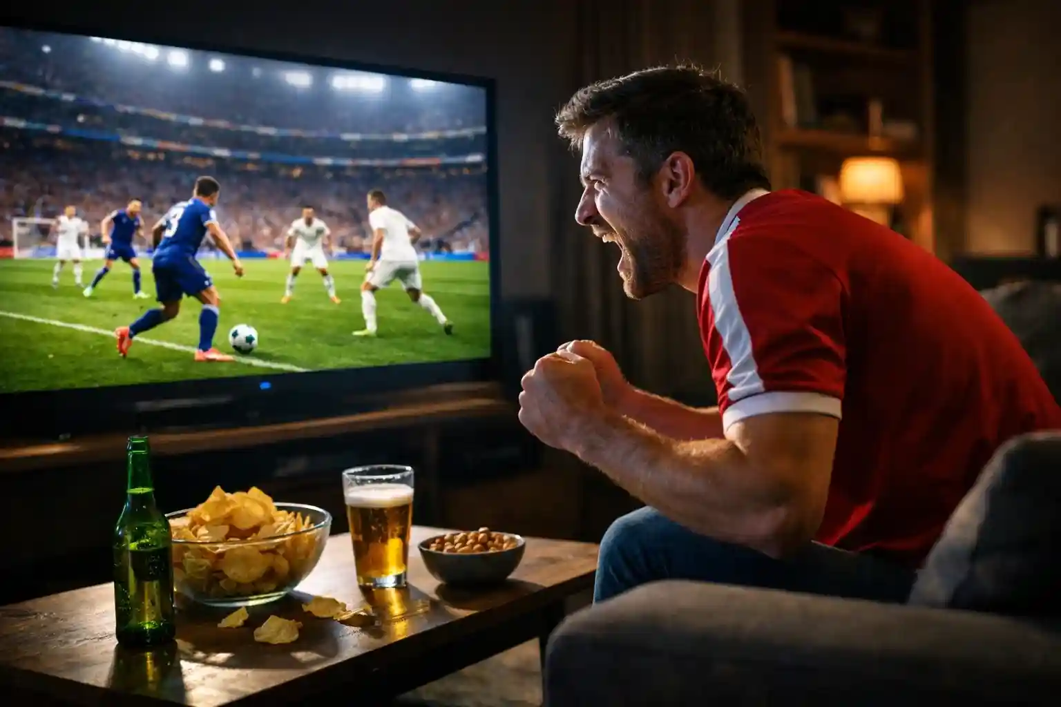 Aficionado viendo partido de fútbol en vivo en pantalla grande