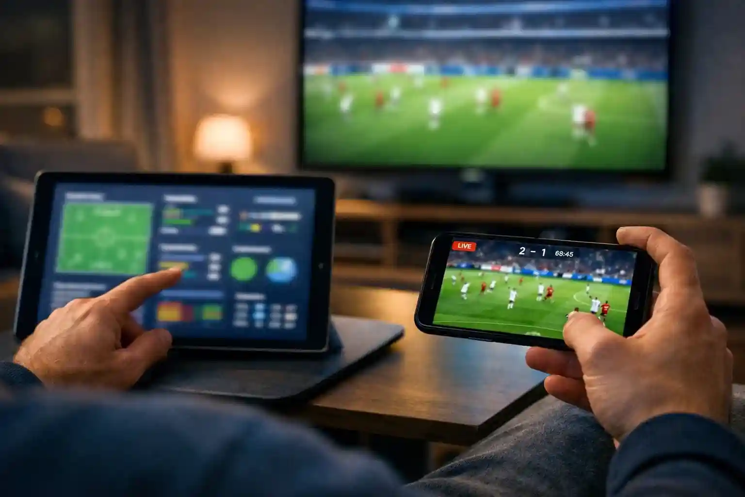 Persona usando tablet y smartphone para seguir partido con estadísticas