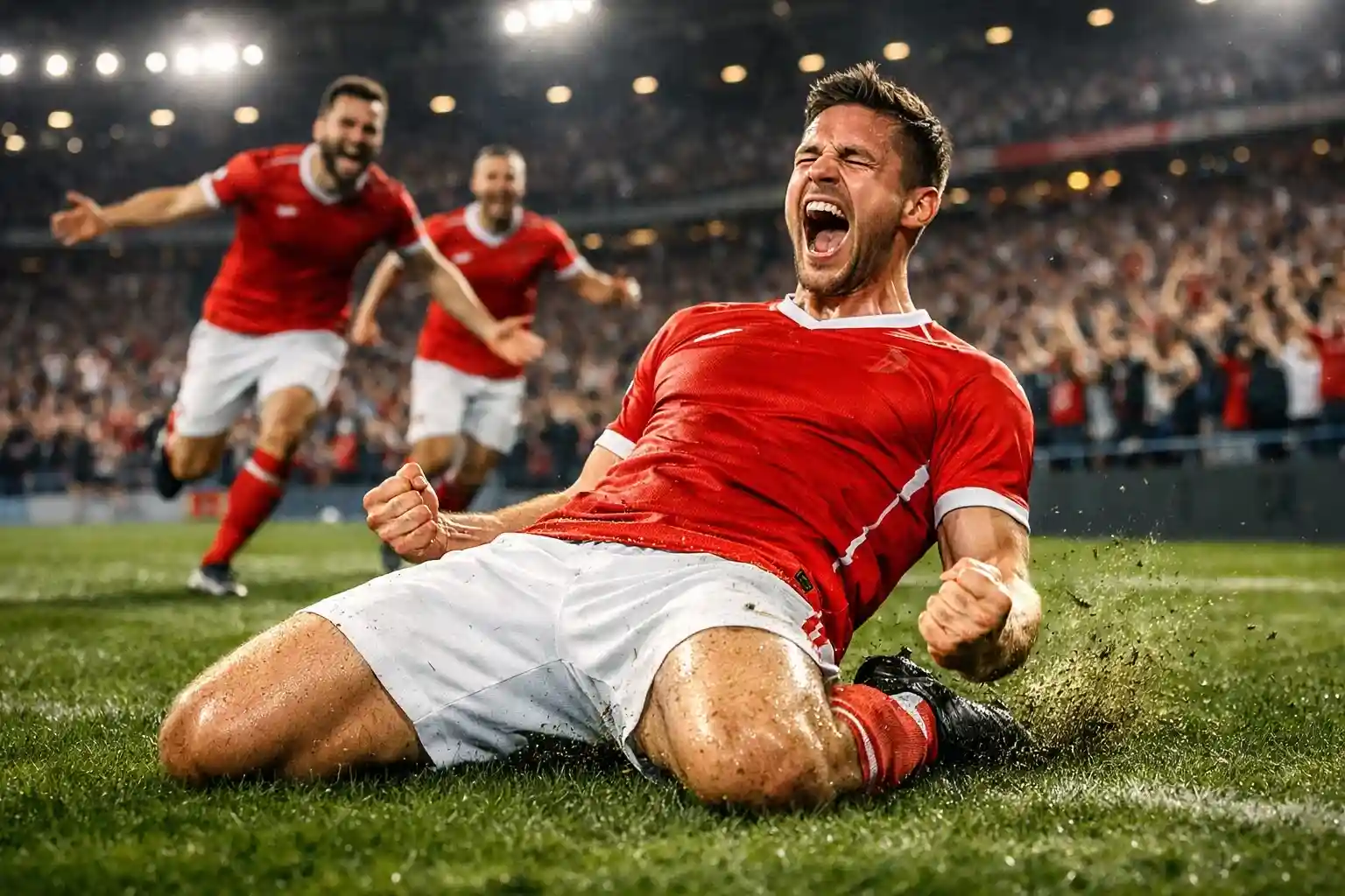 Jugador celebrando gol con aficionados eufóricos en el fondo