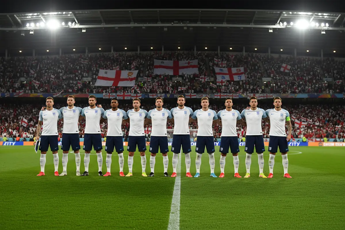 Jugadores de la selección inglesa de fútbol en formación sobre césped natural
