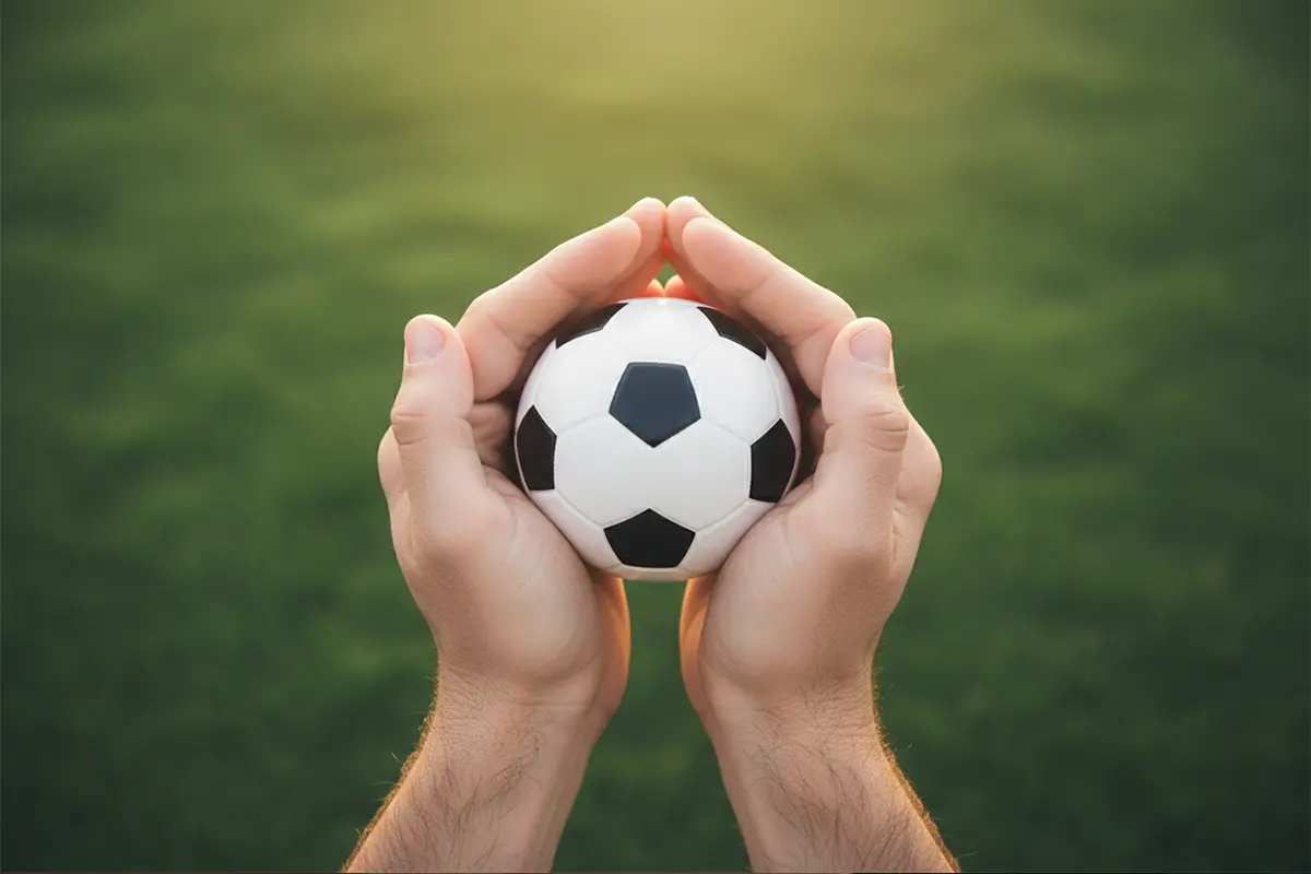 Manos protegiendo un pequeño balón de fútbol, simbolizando el juego responsable