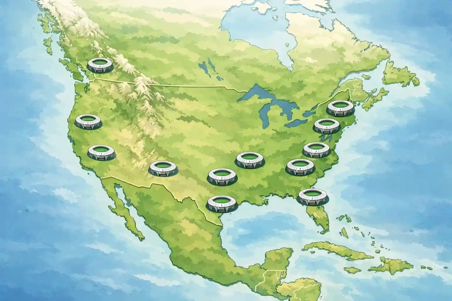 Mapa con las sedes del Mundial 2026 en Estados Unidos, México y Canadá