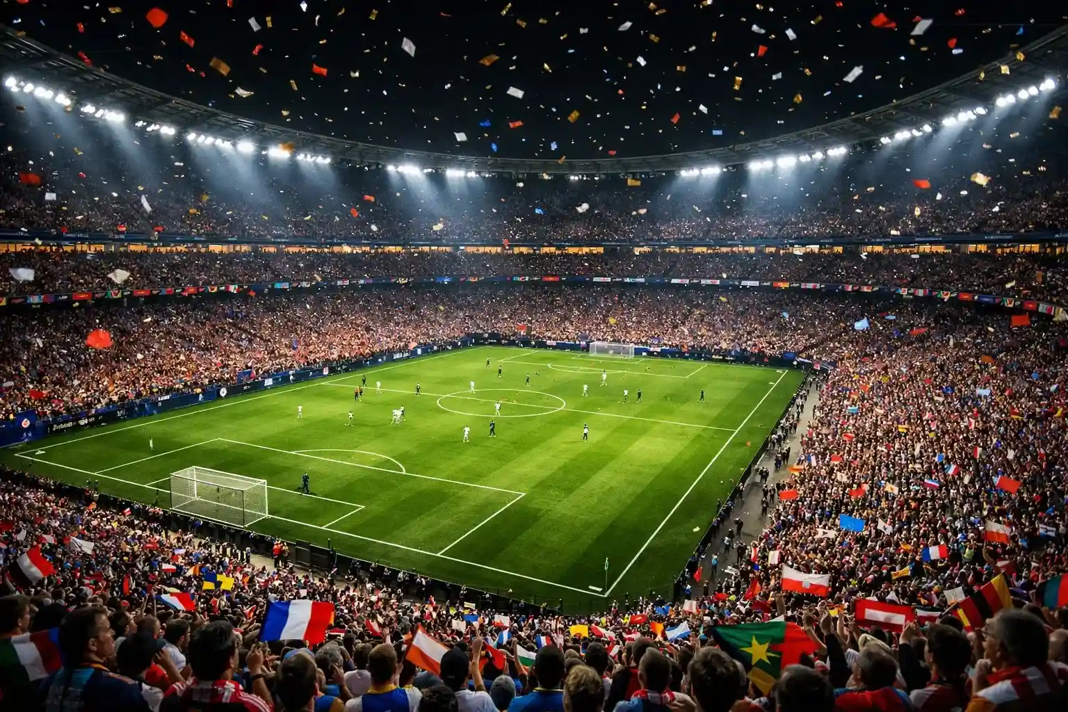 Estadio de fútbol iluminado durante un partido nocturno del Mundial 2026