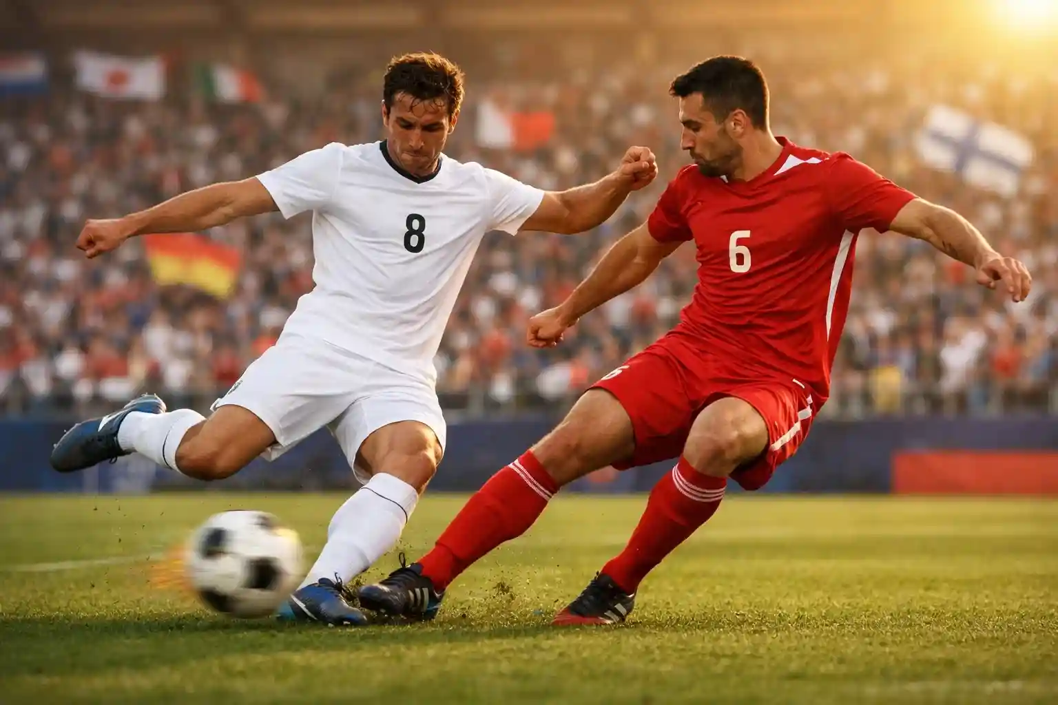 Jugadores de fútbol disputando un balón durante un partido internacional