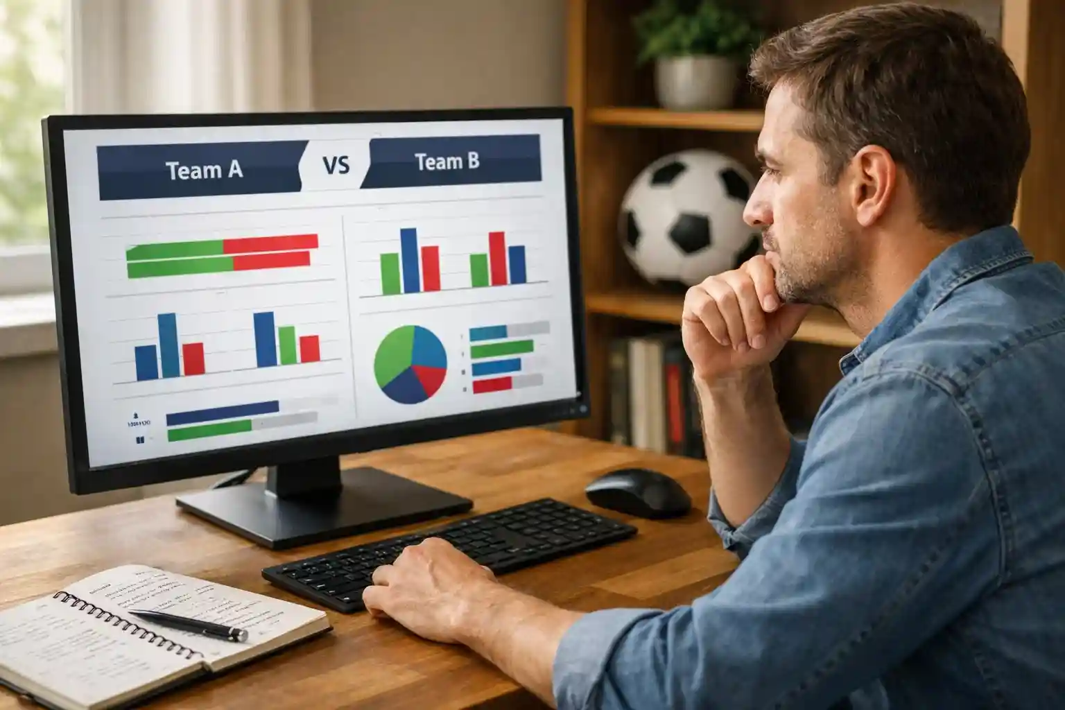Persona analizando estadísticas de fútbol en una pantalla con datos de cuotas
