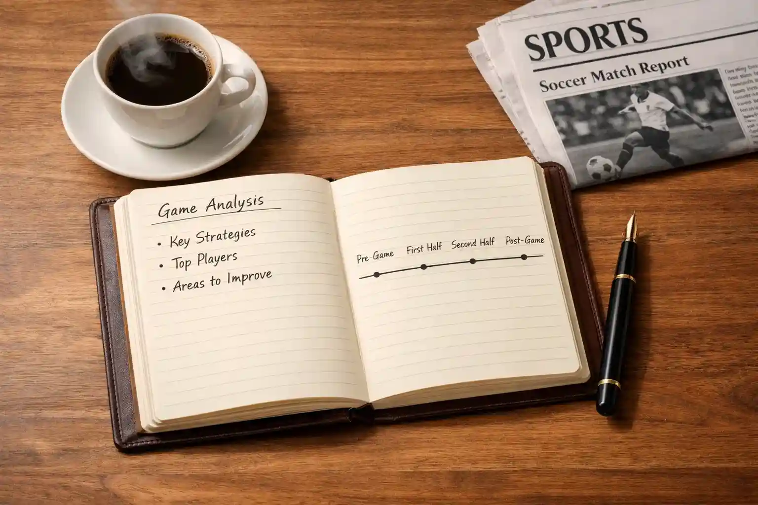 Bloc de notas con estrategia de apuestas y bolígrafo sobre mesa de madera