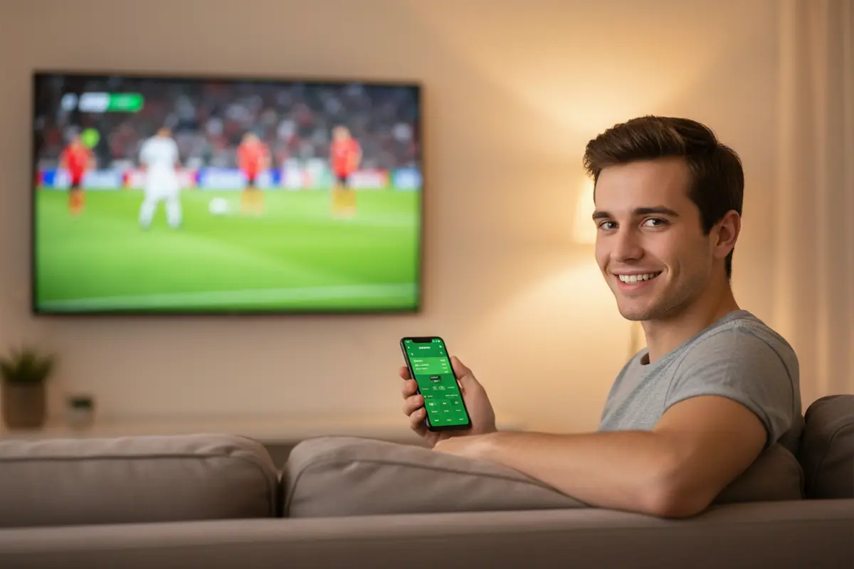 Joven aficionado al fútbol haciendo su primera apuesta deportiva en el móvil durante un partido