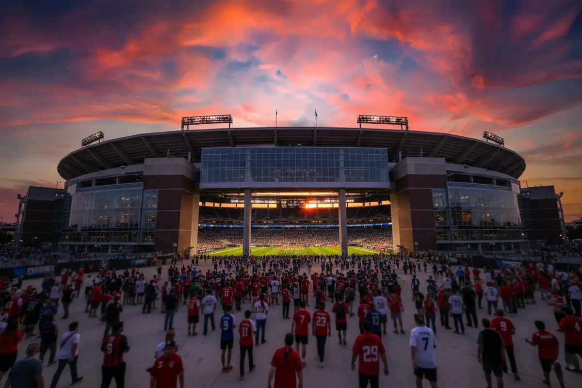 Vista panorámica de un gran estadio de fútbol en Estados Unidos al atardecer