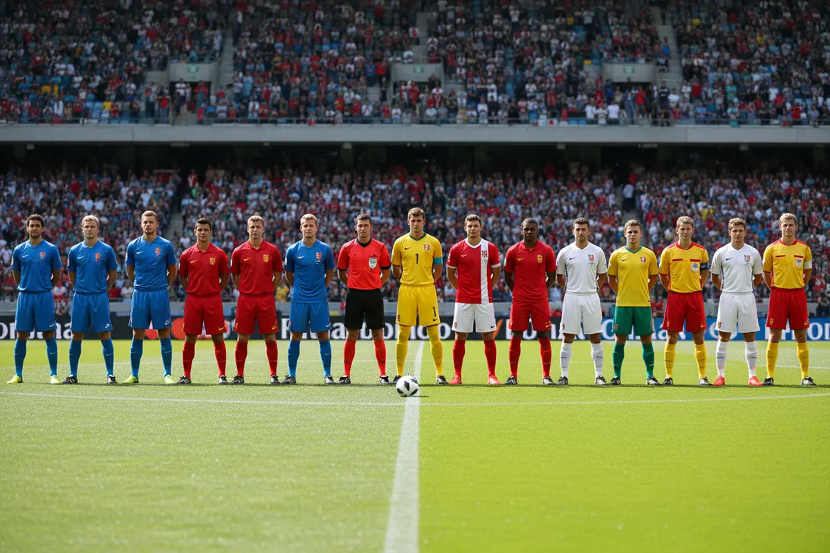 Jugadores de fútbol de diferentes selecciones formados en un campo de césped natural