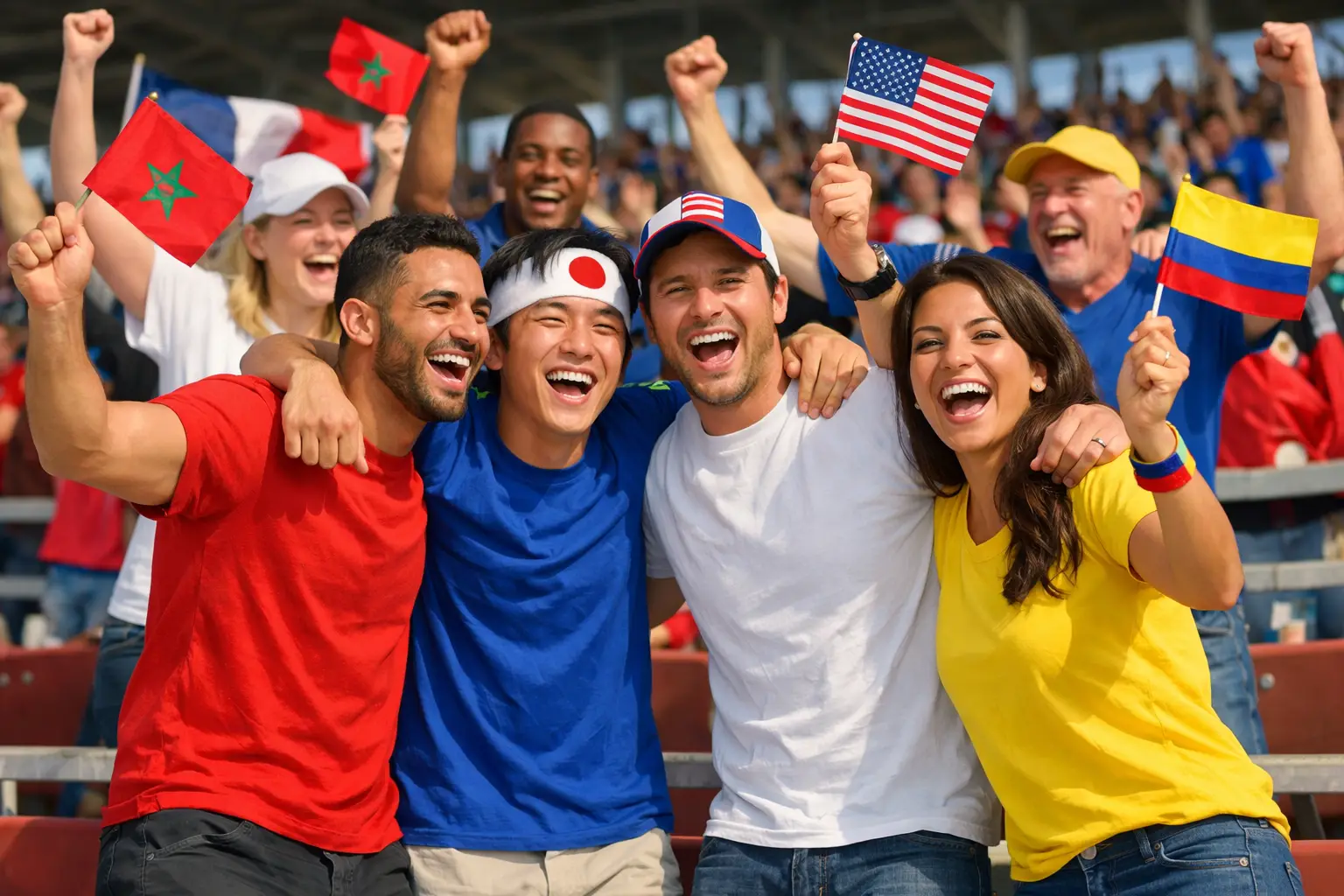 Aficionados de diferentes países celebrando juntos en las gradas de un estadio de fútbol