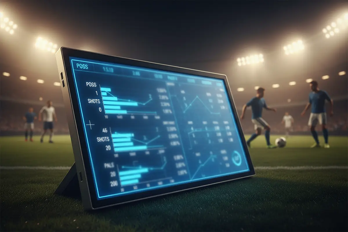 Pantalla de estadísticas de un partido de fútbol junto al campo de juego en un estadio